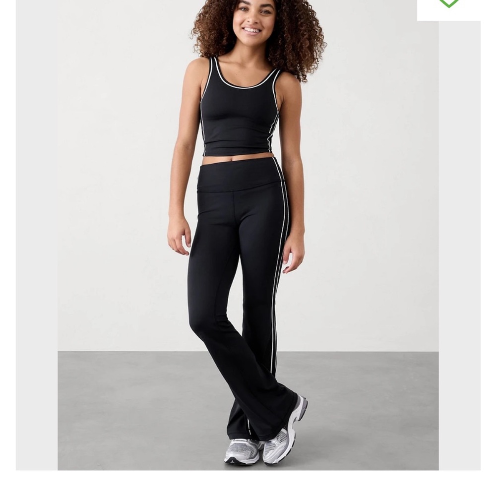 NWT Athleta Black High Rise Chit Chat Split Flare Pants with White Side Stripes